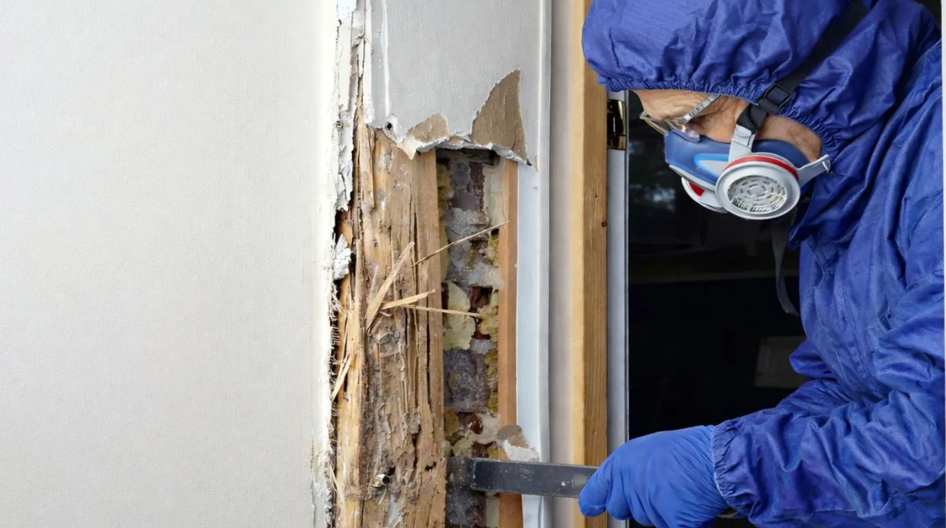 Severe termite damage on a wooden structure, highlighting the need for professional termite control in Los Angeles.